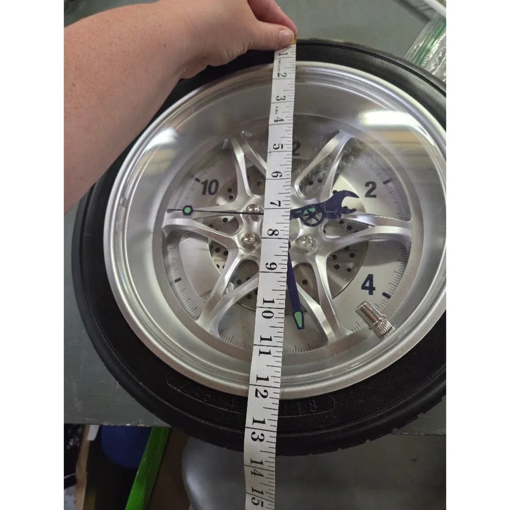 Car Tire Rim Wall Clock Silver Spoke Wheel Automotive Garage Decor 14 Inch